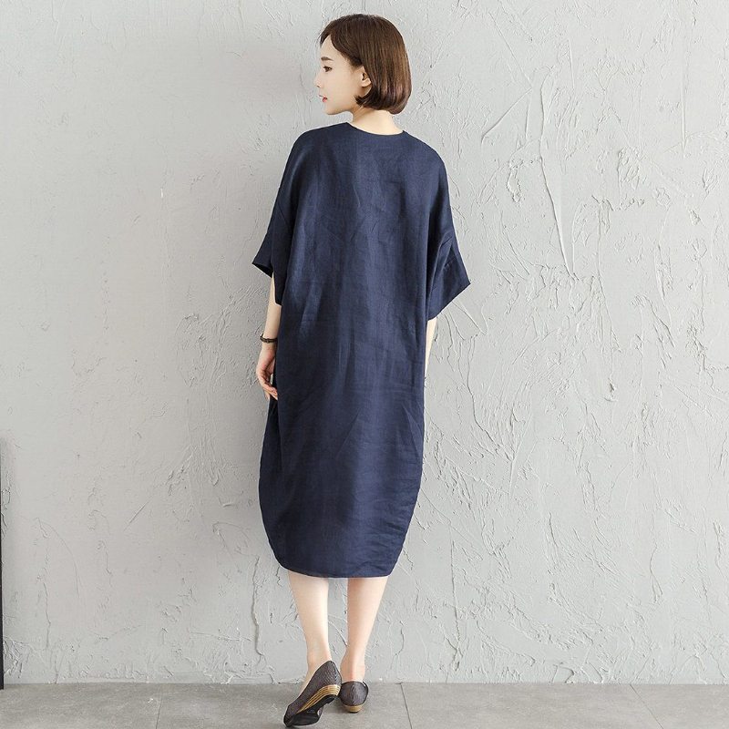 Robe Haute-basse Confortable En Lin Simple S-4xl