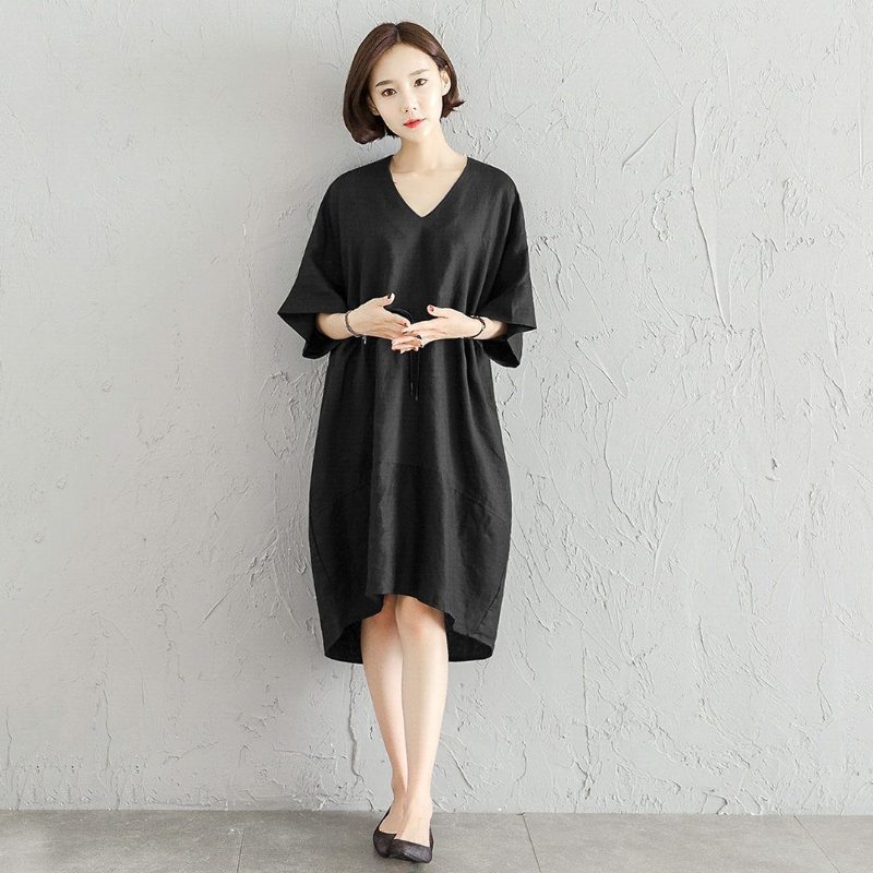 Robe Haute-basse Confortable En Lin Simple S-4xl