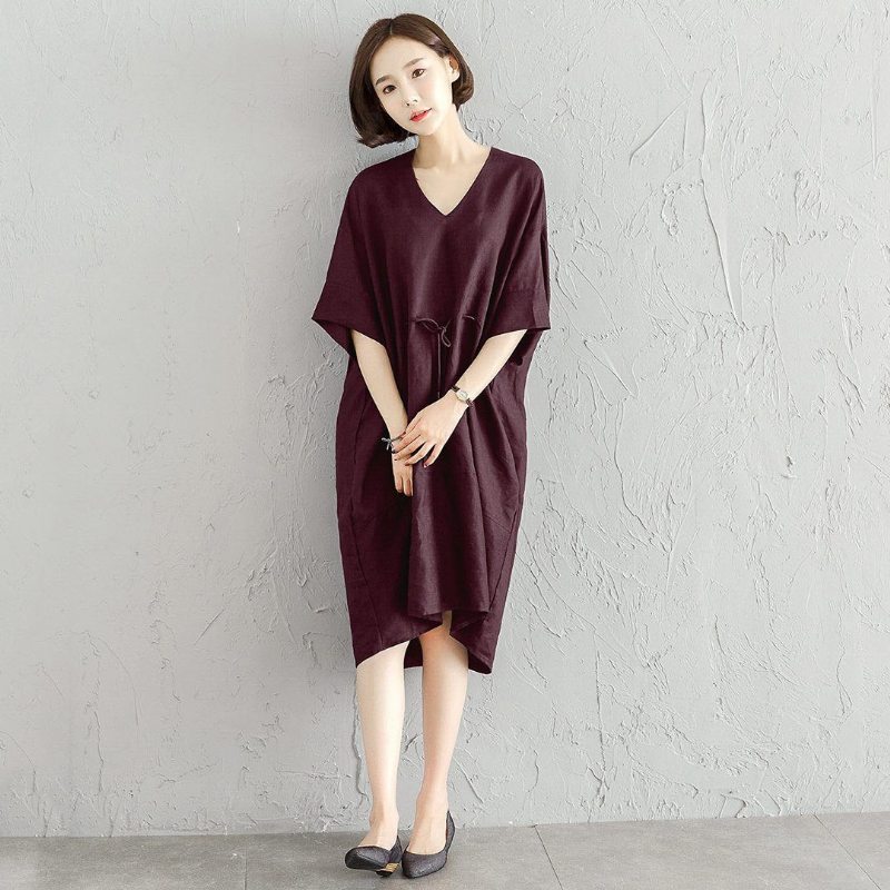 Robe Haute-basse Confortable En Lin Simple S-4xl