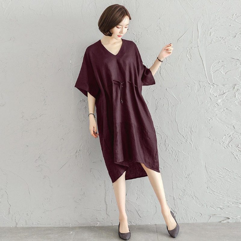 Robe Haute-basse Confortable En Lin Simple S-4xl