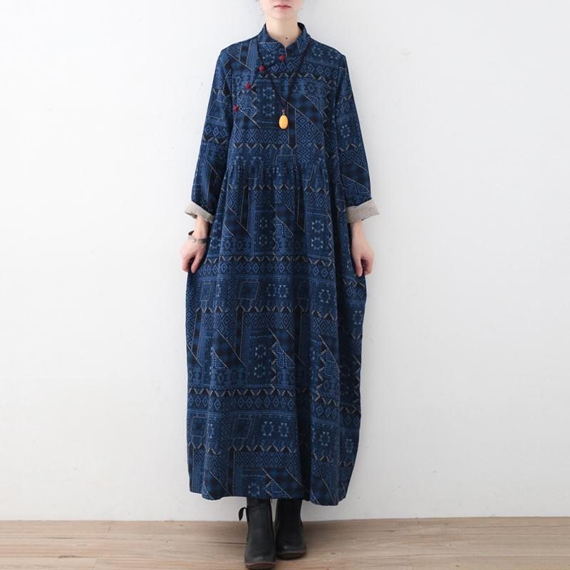 Robe Imprimée En Lin À Boutons Vintage Bleue