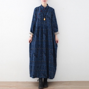 Robe Imprimée En Lin À Boutons Vintage Bleue