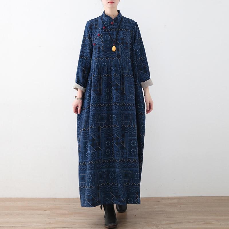 Robe Imprimée En Lin À Boutons Vintage Bleue