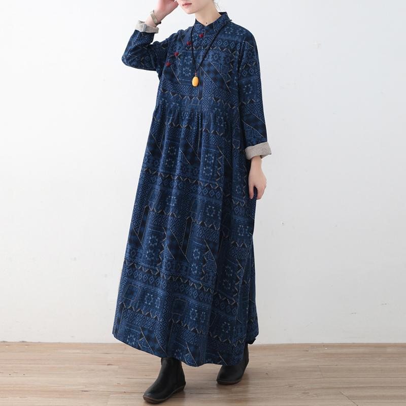 Robe Imprimée En Lin À Boutons Vintage Bleue