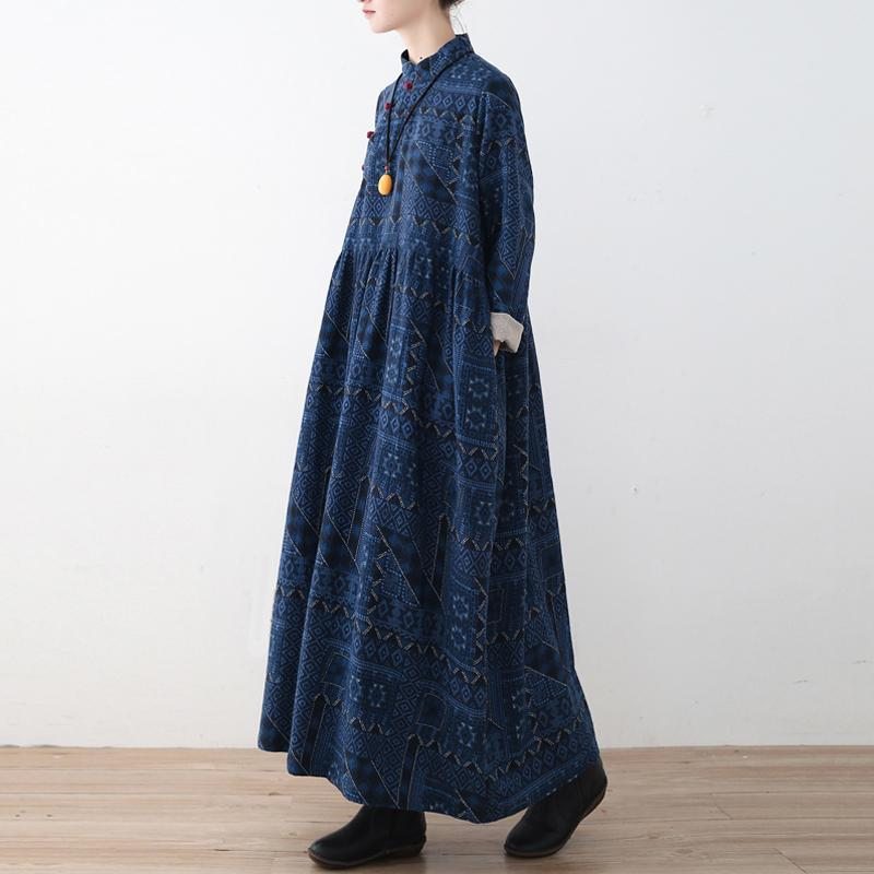 Robe Imprimée En Lin À Boutons Vintage Bleue