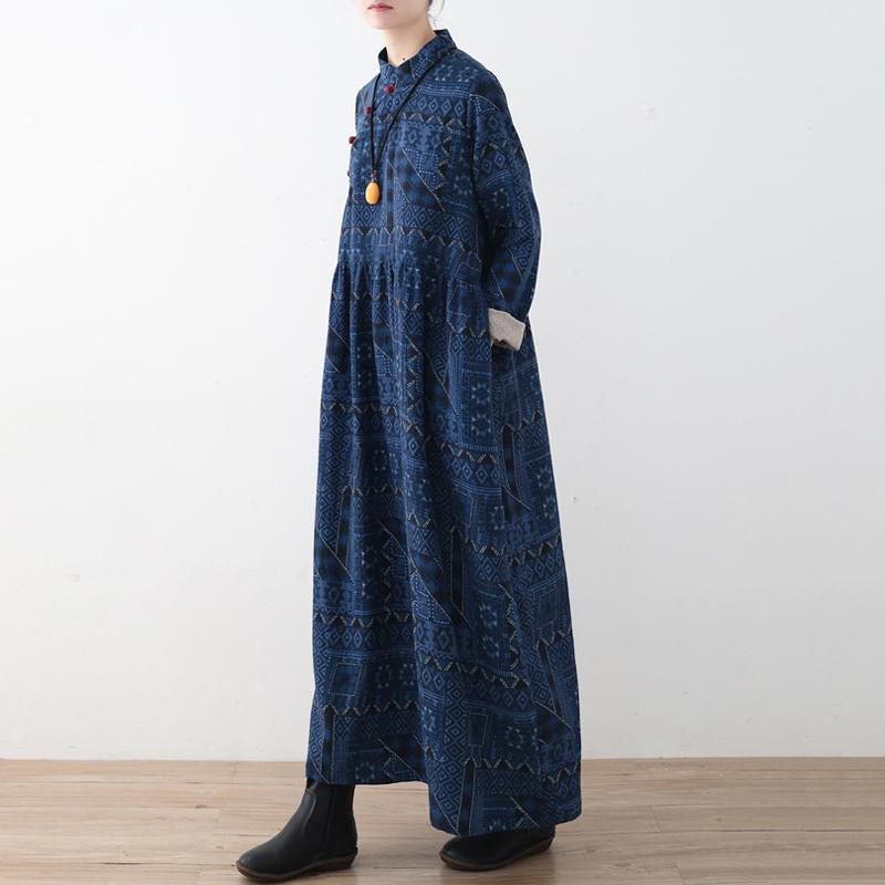 Robe Imprimée En Lin À Boutons Vintage Bleue