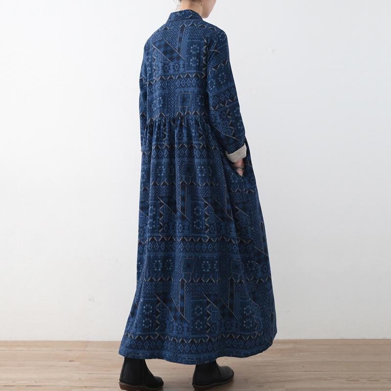 Robe Imprimée En Lin À Boutons Vintage Bleue