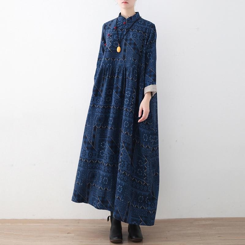 Robe Imprimée En Lin À Boutons Vintage Bleue