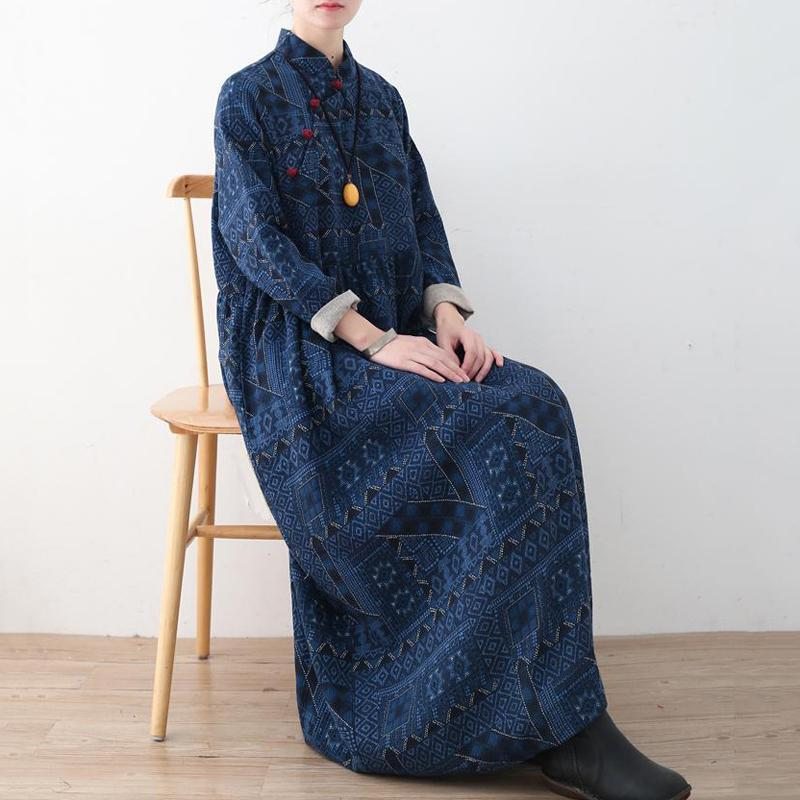 Robe Imprimée En Lin À Boutons Vintage Bleue