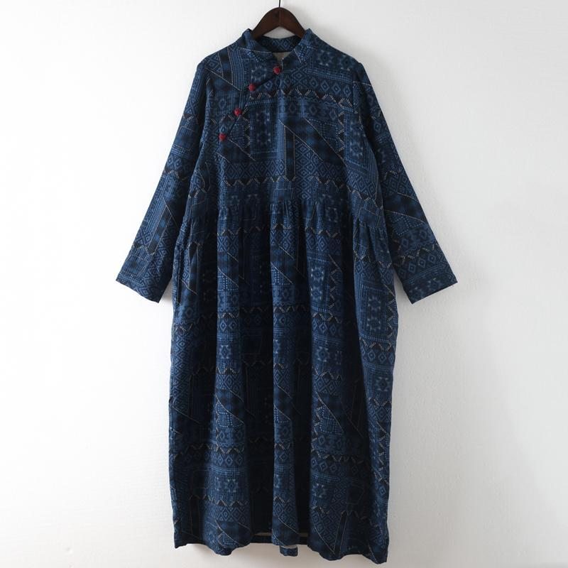 Robe Imprimée En Lin À Boutons Vintage Bleue