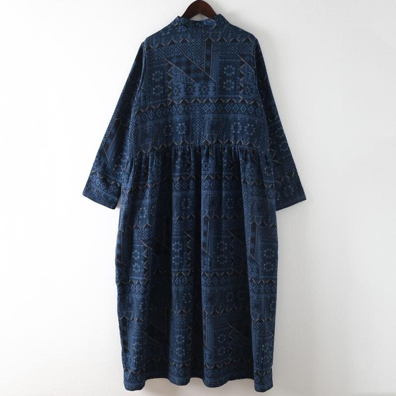 Robe Imprimée En Lin À Boutons Vintage Bleue