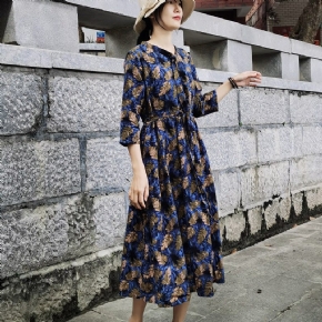 Robe Imprimée Vintage En Coton Et Lin Printemps-été