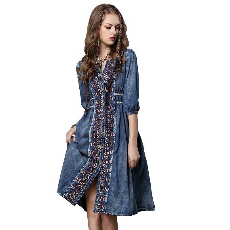 Robe En Jean Bleu Printanier Brodée Avec Cordon De Serrage