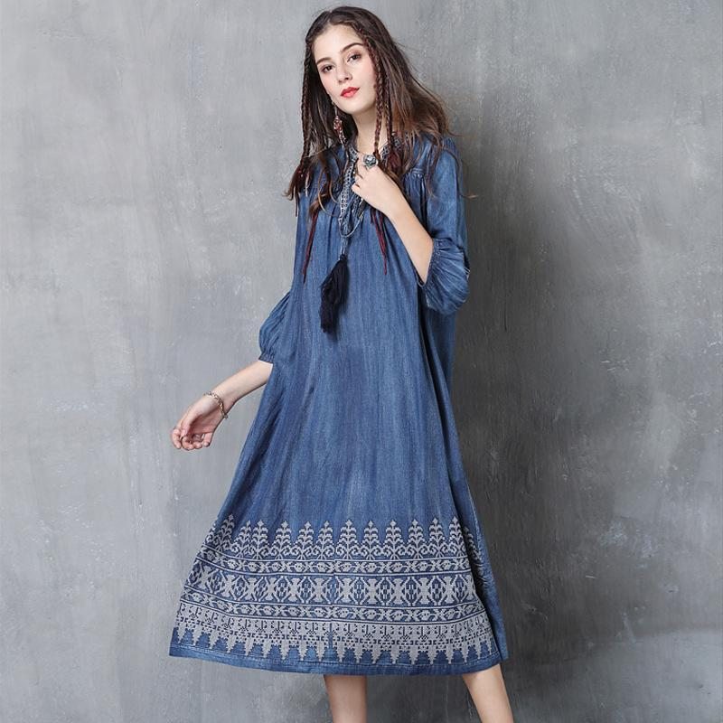 Robe En Jean Brodée À Manches Lanterne Vintage