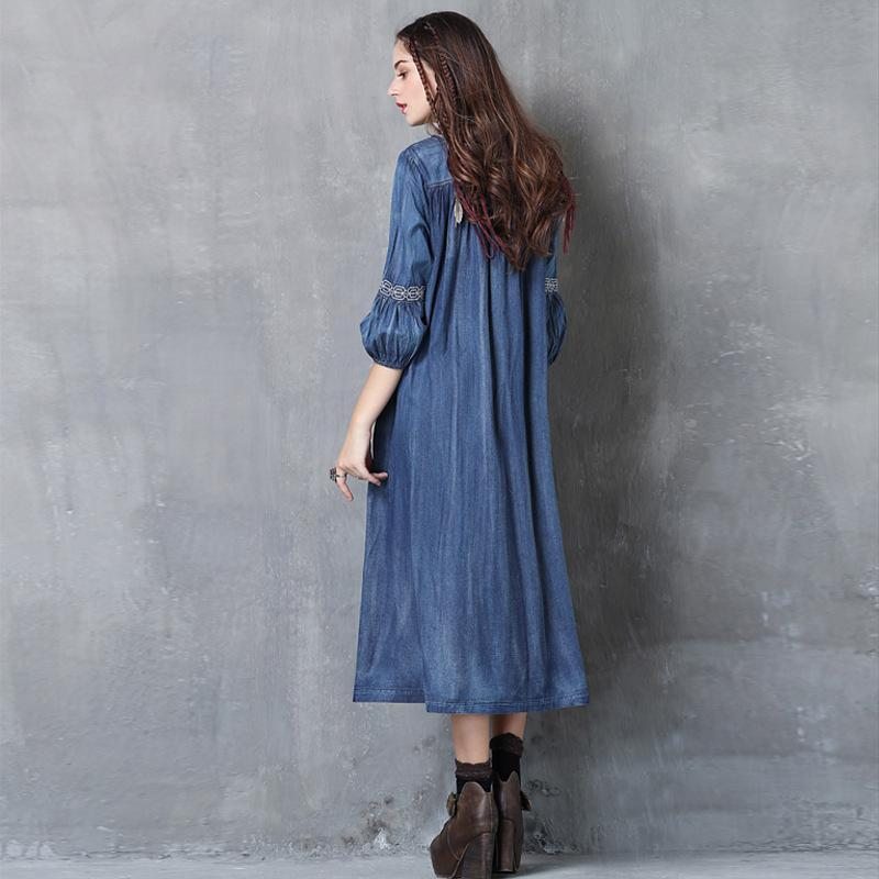 Robe En Jean Brodée À Manches Lanterne Vintage