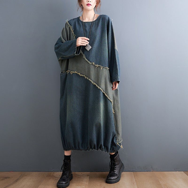 Robe En Jean Grande Taille À Manches Chauve-souris Patchwork Rétro Printemps