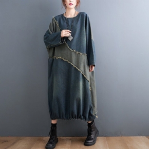 Robe En Jean Grande Taille À Manches Chauve-souris Patchwork Rétro Printemps