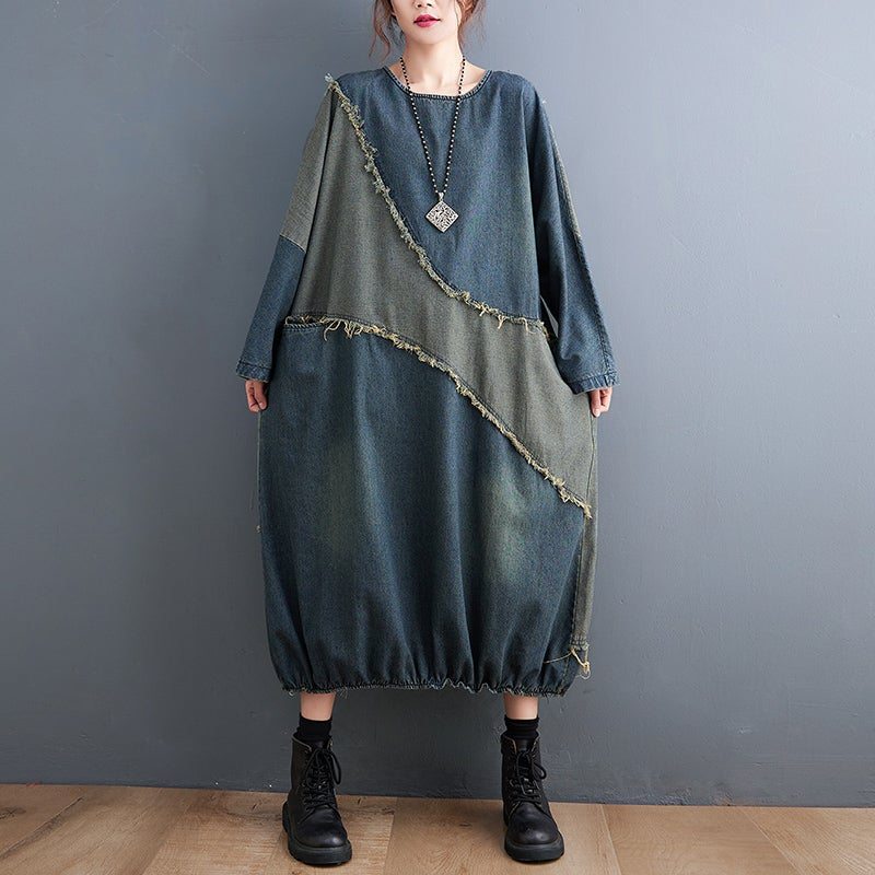 Robe En Jean Grande Taille À Manches Chauve-souris Patchwork Rétro Printemps