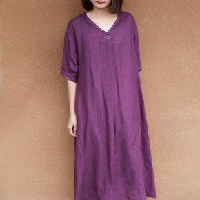 Robe En Lin De Couleur Unie À Col En V