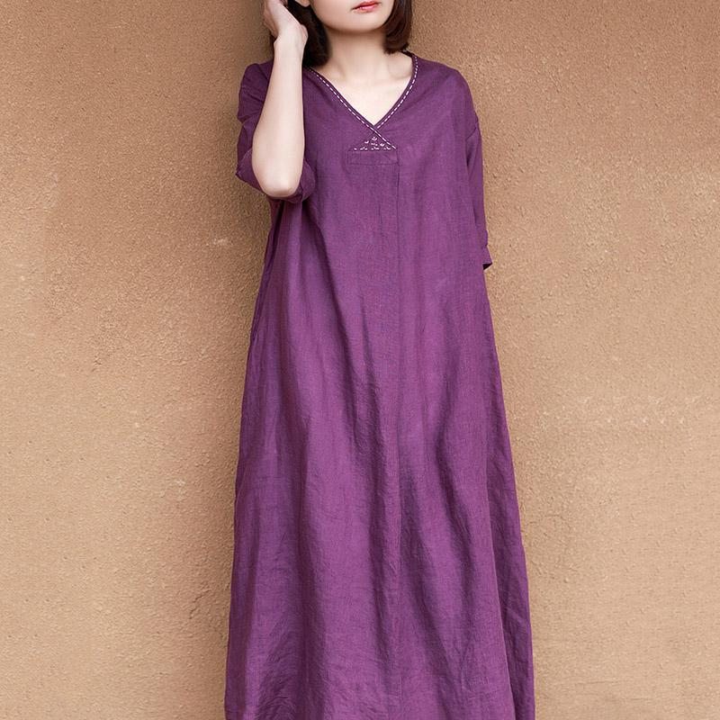 Robe En Lin De Couleur Unie À Col En V