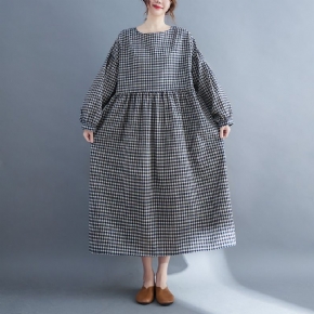 Robe En Lin Et Coton À Carreaux Rétro Grande Taille