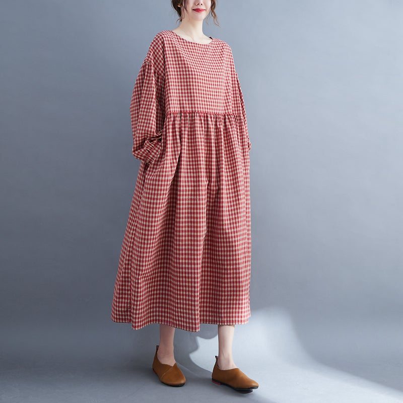 Robe En Lin Et Coton À Carreaux Rétro Grande Taille