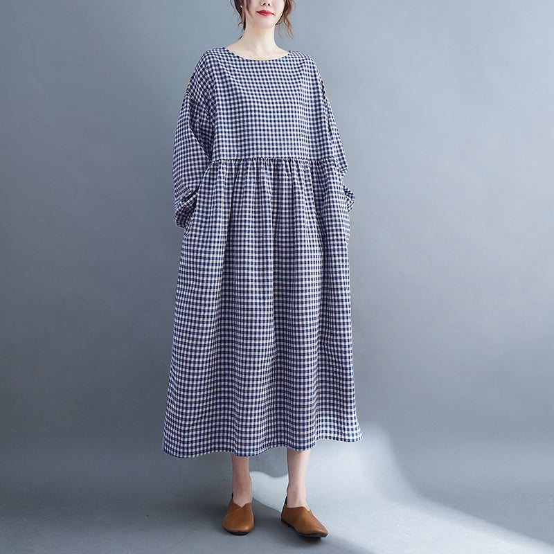 Robe En Lin Et Coton À Carreaux Rétro Grande Taille