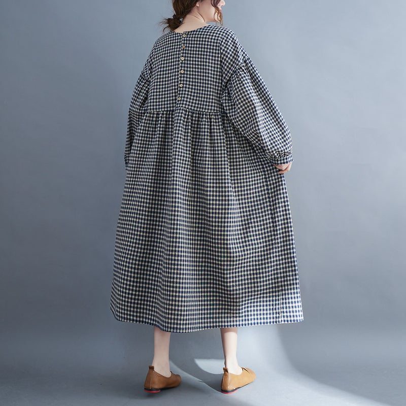 Robe En Lin Et Coton À Carreaux Rétro Grande Taille