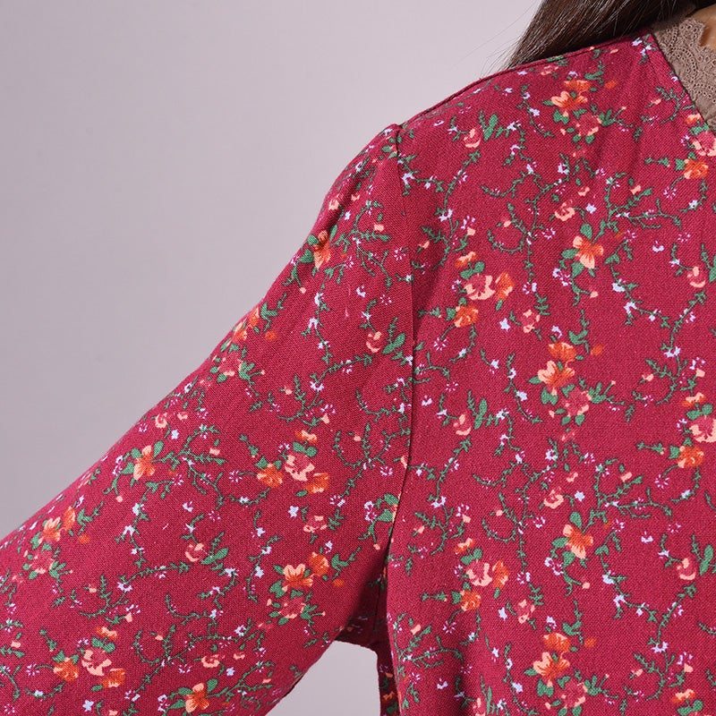 Robe En Lin Et Coton Creux À Volants Imprimé Floral Rétro Printanier