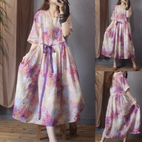 Robe En Lin Et Coton À Fleurs Rétro Printemps A-ligne