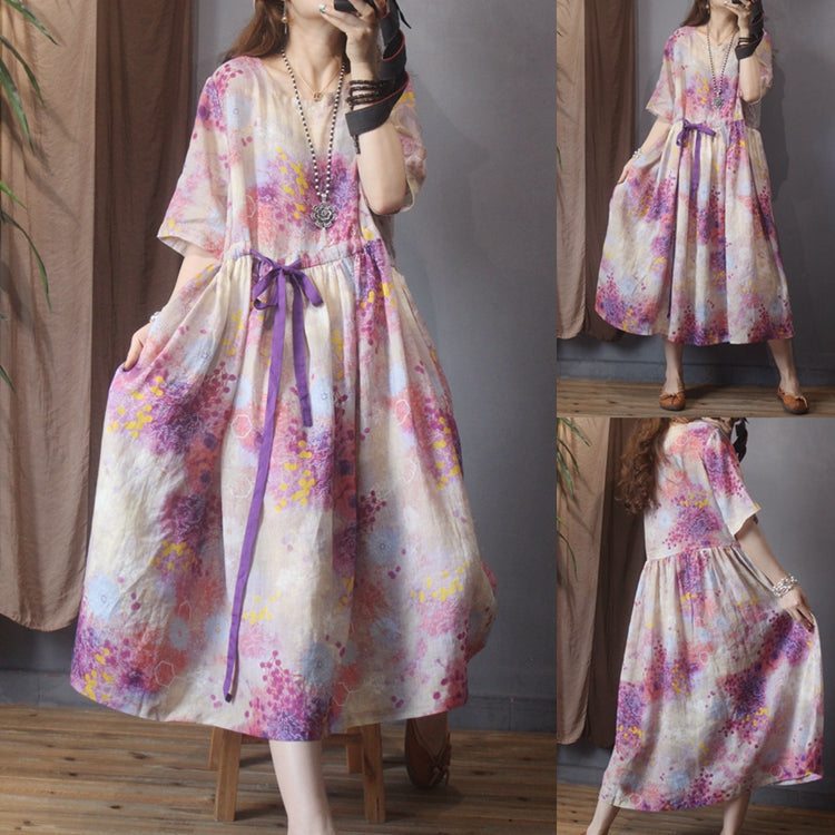 Robe En Lin Et Coton À Fleurs Rétro Printemps A-ligne