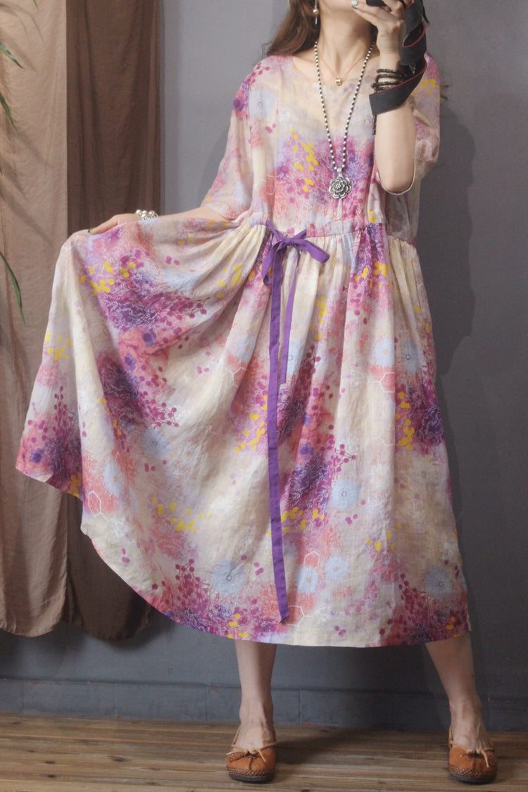 Robe En Lin Et Coton À Fleurs Rétro Printemps A-ligne