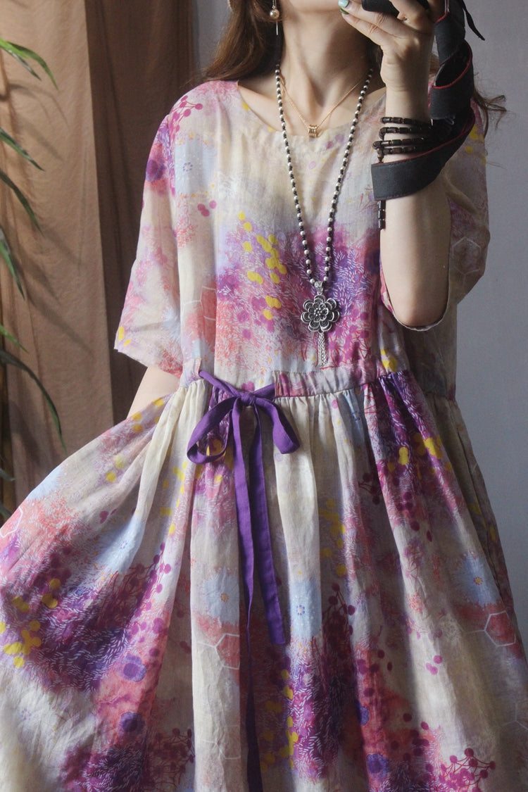 Robe En Lin Et Coton À Fleurs Rétro Printemps A-ligne