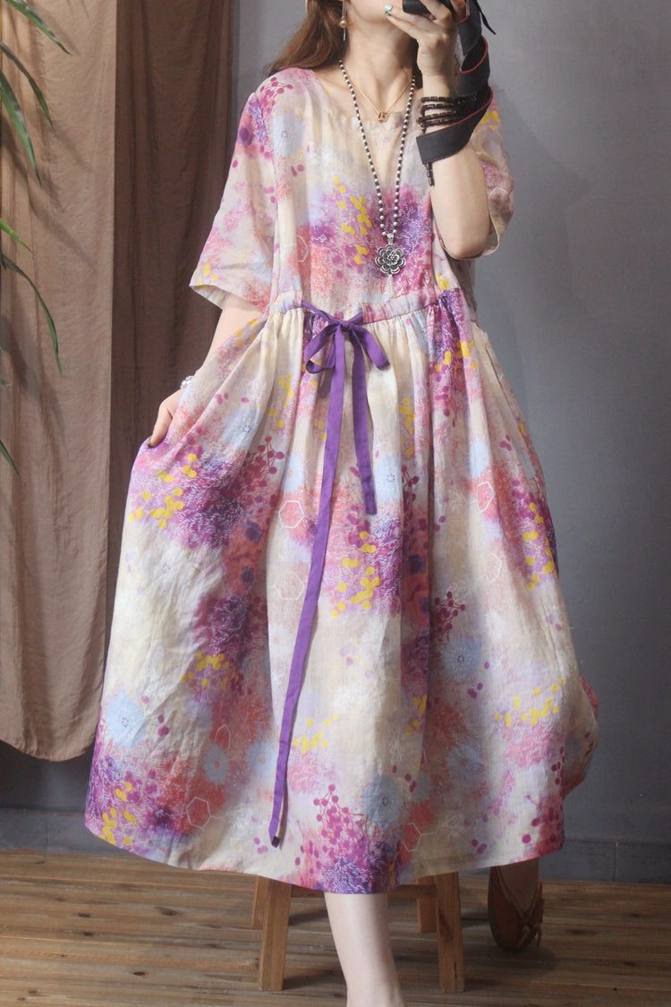 Robe En Lin Et Coton À Fleurs Rétro Printemps A-ligne