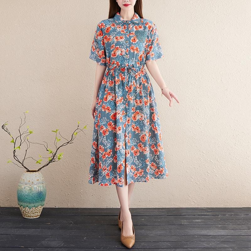 Robe En Lin Et Coton Grande Taille À Fleurs Printemps-été