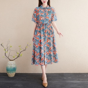 Robe En Lin Et Coton Grande Taille À Fleurs Printemps-été