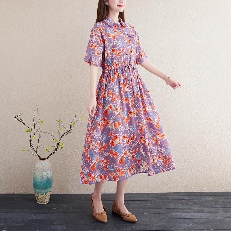 Robe En Lin Et Coton Grande Taille À Fleurs Printemps-été