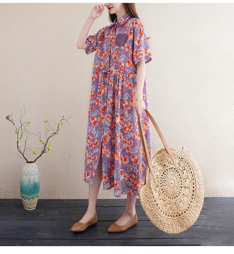 Robe En Lin Et Coton Grande Taille À Fleurs Printemps-été