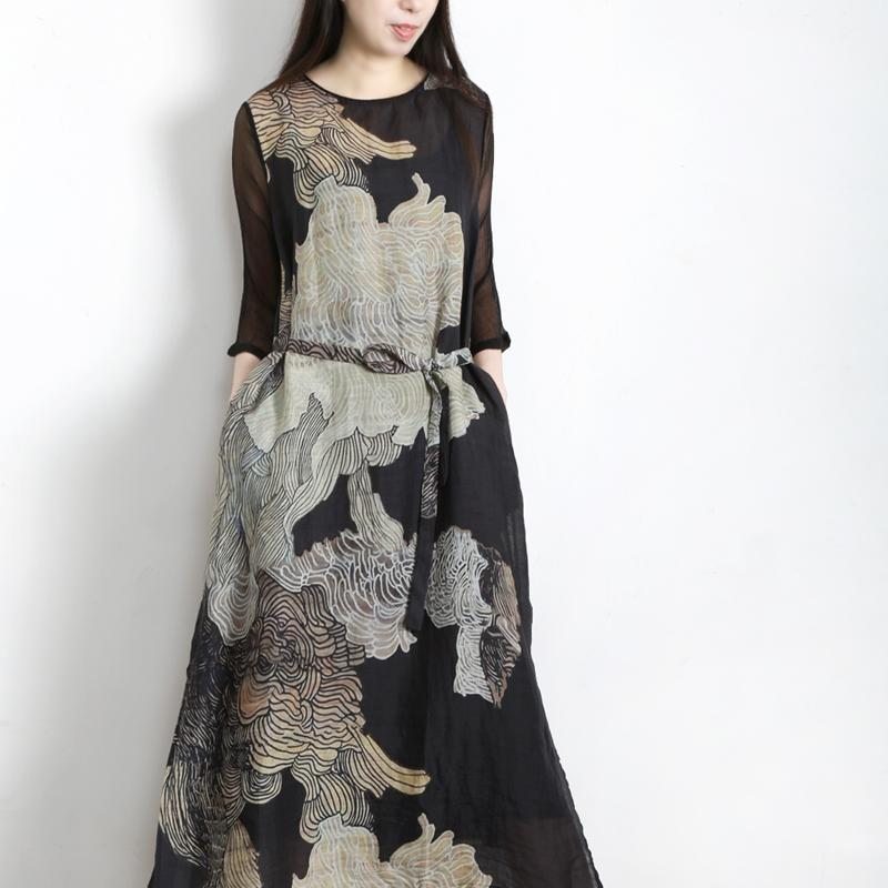 Robe En Lin Et Soie Patchwork À Imprimé Rétro