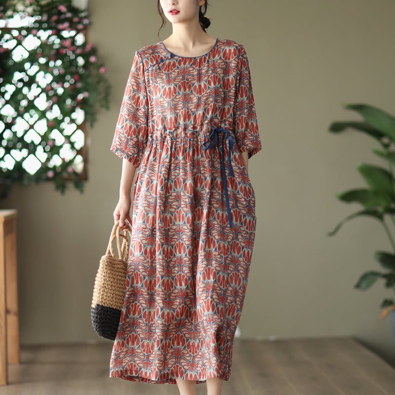 Robe En Lin À Fleurs Ample Et Décontractée D'été Vintage