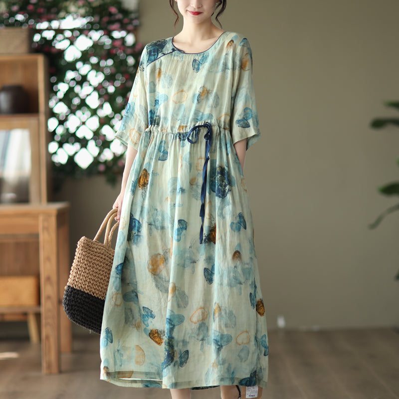 Robe En Lin À Fleurs Ample Et Décontractée D'été Vintage