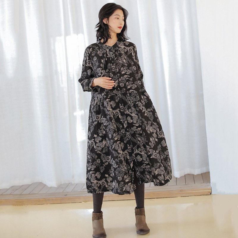 Robe En Lin À Fleurs Pour Femme - Noir