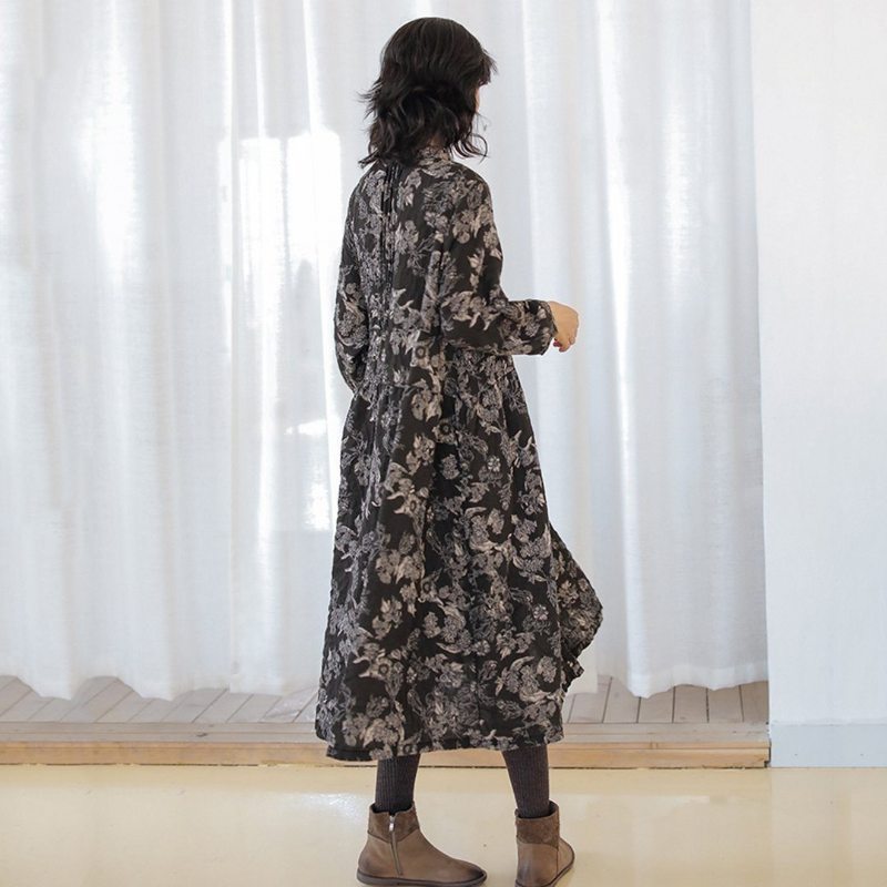 Robe En Lin À Fleurs Pour Femme - Noir