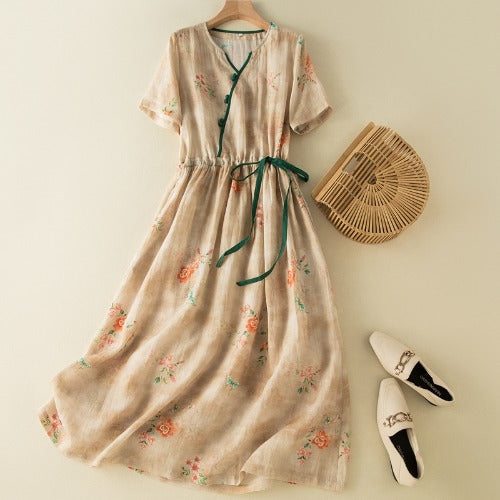 Robe En Lin À Fleurs Vintage D'été