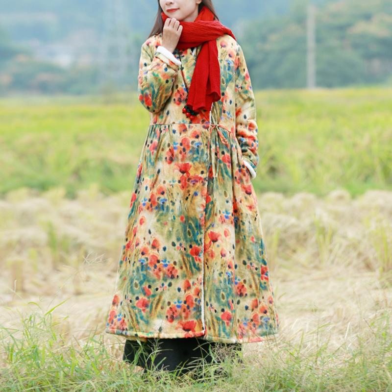 Robe En Lin Imprimé Fleuri Rétro En Fourrure Épaisse D'hiver Grande Taille