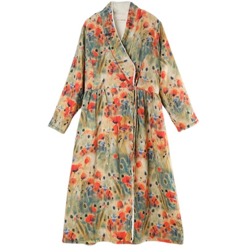 Robe En Lin Imprimé Fleuri Rétro En Fourrure Épaisse D'hiver Grande Taille