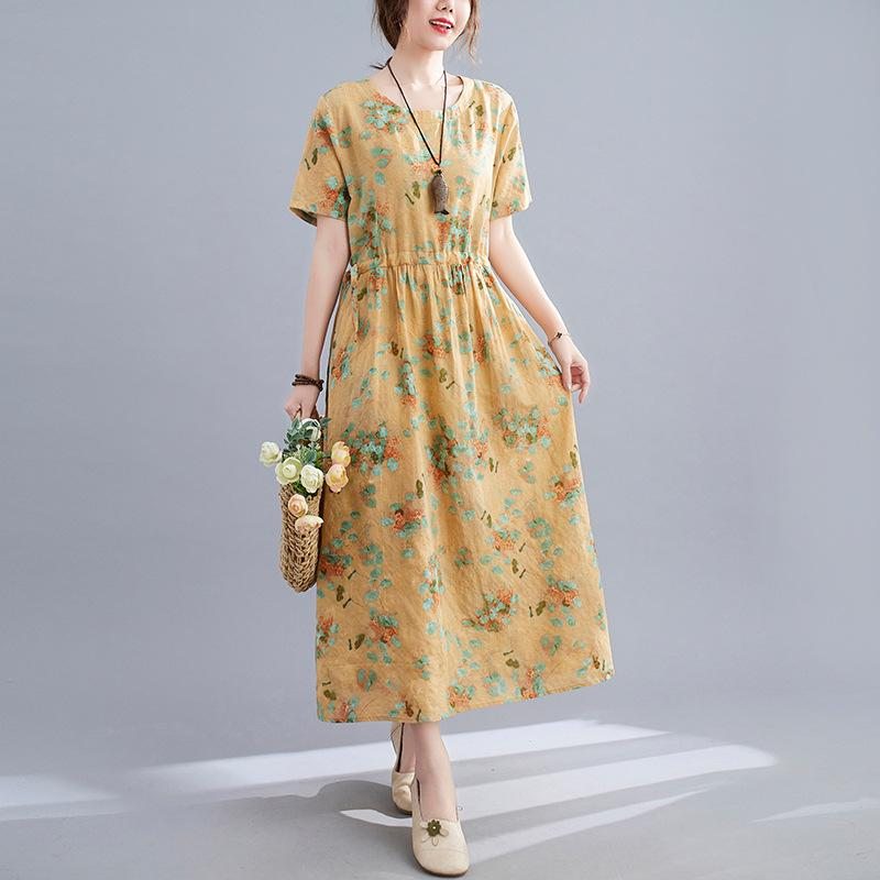 Robe En Lin À Imprimé Floral Rétro D'été