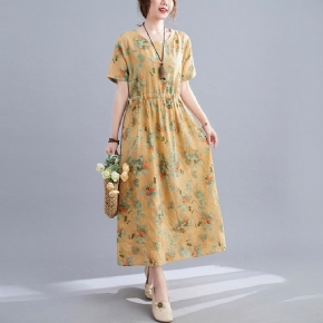 Robe En Lin À Imprimé Floral Rétro D'été