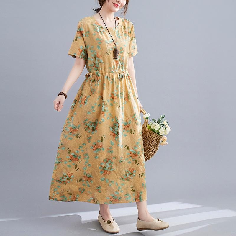 Robe En Lin À Imprimé Floral Rétro D'été