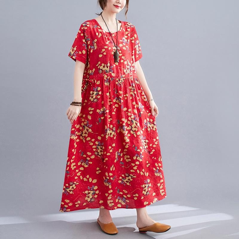 Robe En Lin À Imprimé Floral Rétro D'été